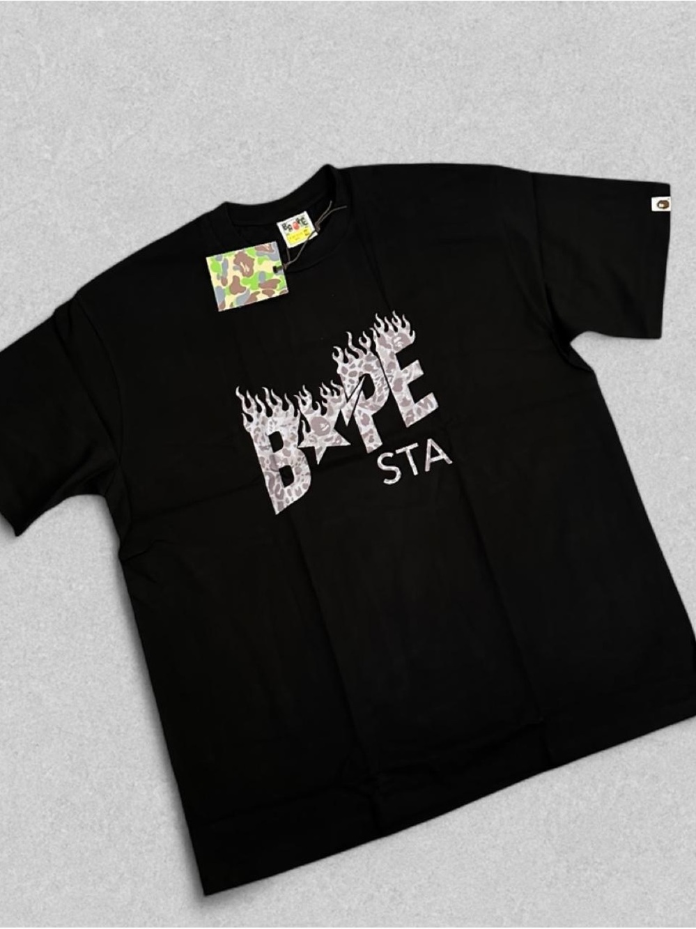 Bape Black Tee with Camo Flame Logo